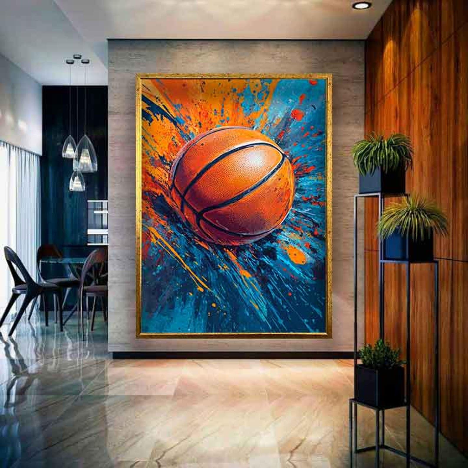 XBTYKPB Colorful Basketball Canvas, Orange And Blue Paint Splash Basketball Art, Canvas Print, Basketball Painting,Sports Canvas(21x30cm/Frameless)