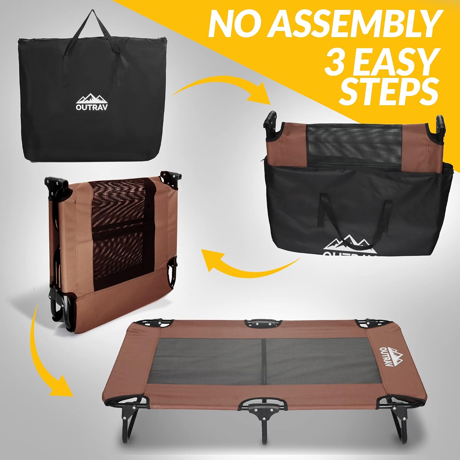 Elevated Dog Cot with Steel Frame - Foldable Raised Play and Rest Bed for Dogs and Cats - Heavy Duty Strong Material Dog Bed - Pet Cot with Bonus Storage Bag (Large 42” x 24” x 8”, Brown)