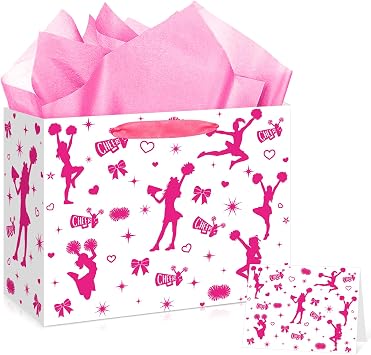 Large Cheerleading Birthday Gift Bag with Tissue Paper and Card, Hot Pink Cheerleader Theme Party Present Wrapping Bag for Girls, Gymnastics Dance Celebration Decorations Supplies