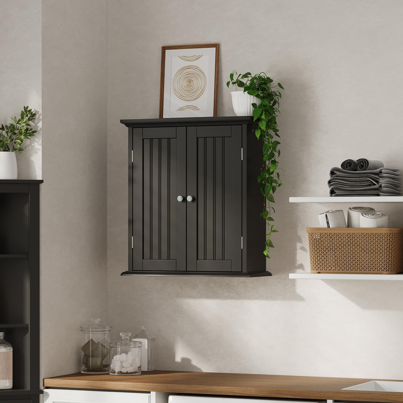 Mueble Baño Colgar Armario Pared Baño con 2 Puertas, Estante 3 Niveles Ajustable, Estilo Moderno, Ahorro Espacio para Baño, Cocina y Lavadero, Negro