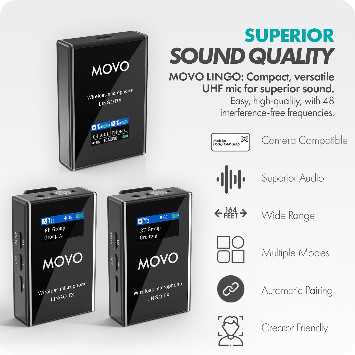 Movo Lingo-Duo - Sistema microfono lavalier wireless UHF a 48 canali per fotocamera, compatibile con fotocamere DSLR Canon EOS, Nikon e Sony, per filmmaking, vlogging, interviste, creazione di