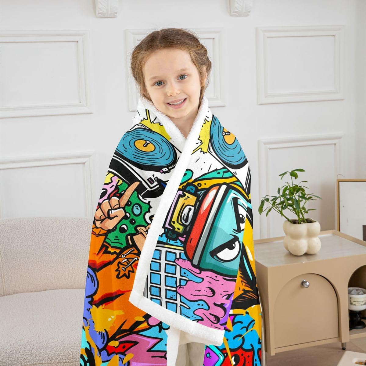 Hippie Graffiti Fleece Throw Blanket Hip Hop Radio Rock Sherpa Blanket Kids Boys Colorful Graffiti Pattern Plush Blanket Watercolor Art Fuzzy Blanket for Sofa Bed Couch Twin 60x80 Inch Size