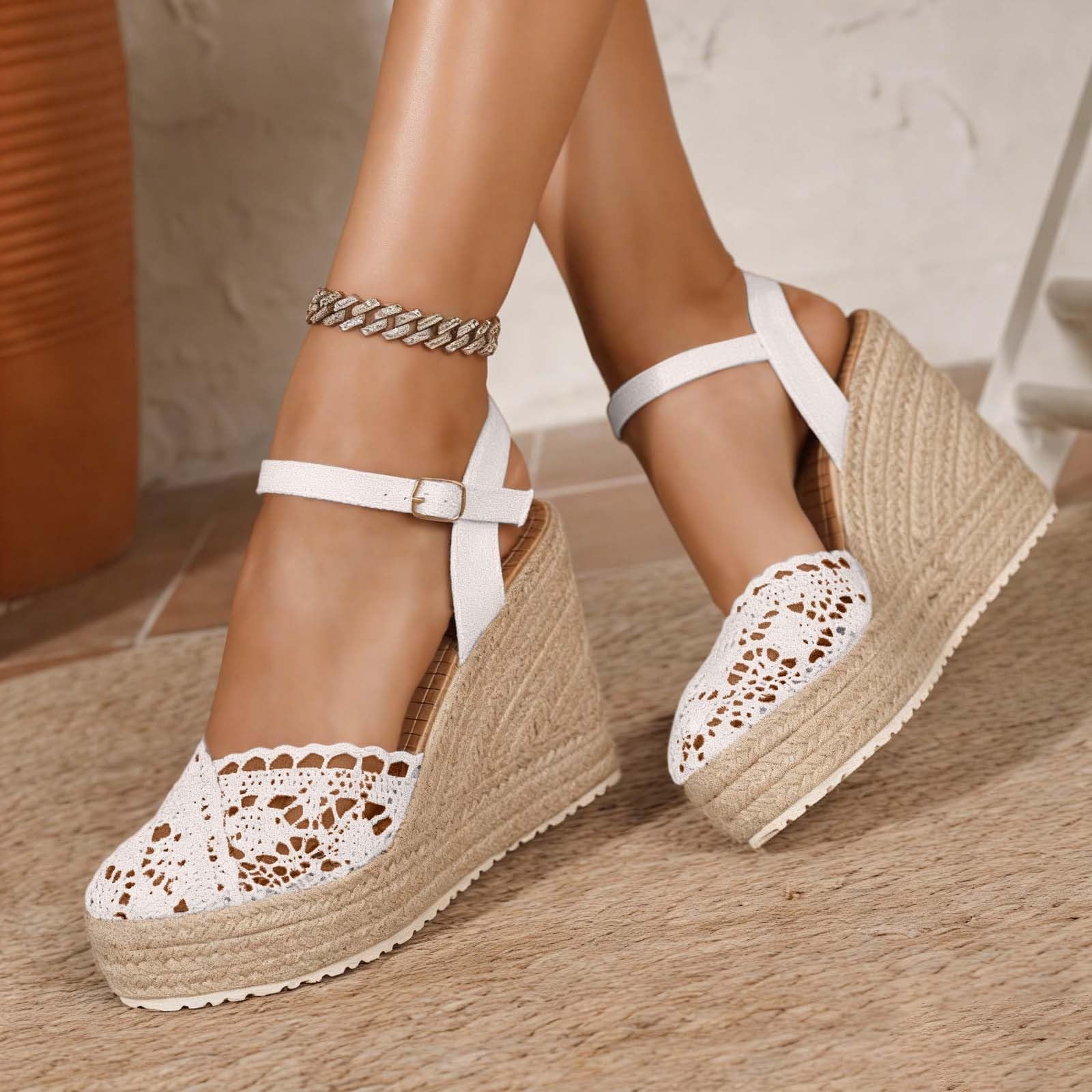 Generisch Sandales d'été à lacets à semelle compensée Style bohème Chaussures décontractées