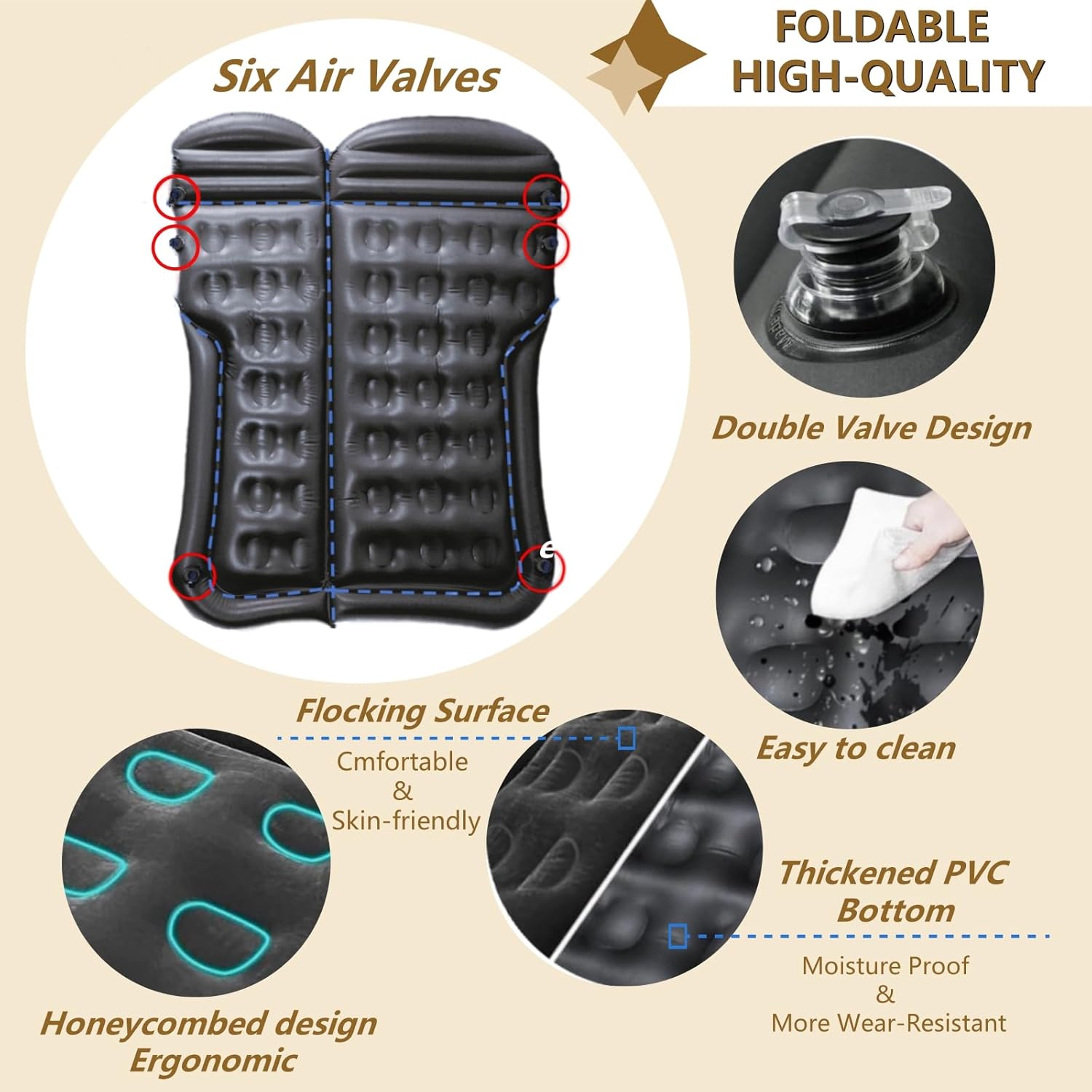 Car Air Mattress - Inflatable Bed SUV Mattress with Two Pillows for Cars Backseat Trunk, Portable Flocked Camping Bed Sleeping Mat for Vehicle Travel Road Trip Indoor&Outdoor Activities Black