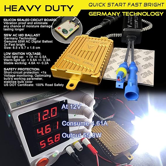 55W Heavy Duty HID Xenon Replacement Bulbs Bundle with AC Digital HID Fast Bright Replacement Ballast for 12V Vehicles (6000K Daylight White, H7)