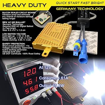 55W Heavy Duty HID Xenon Replacement Bulbs Bundle with AC Digital HID Fast Bright Replacement Ballast for 12V Vehicles (6000K Daylight White, H7)