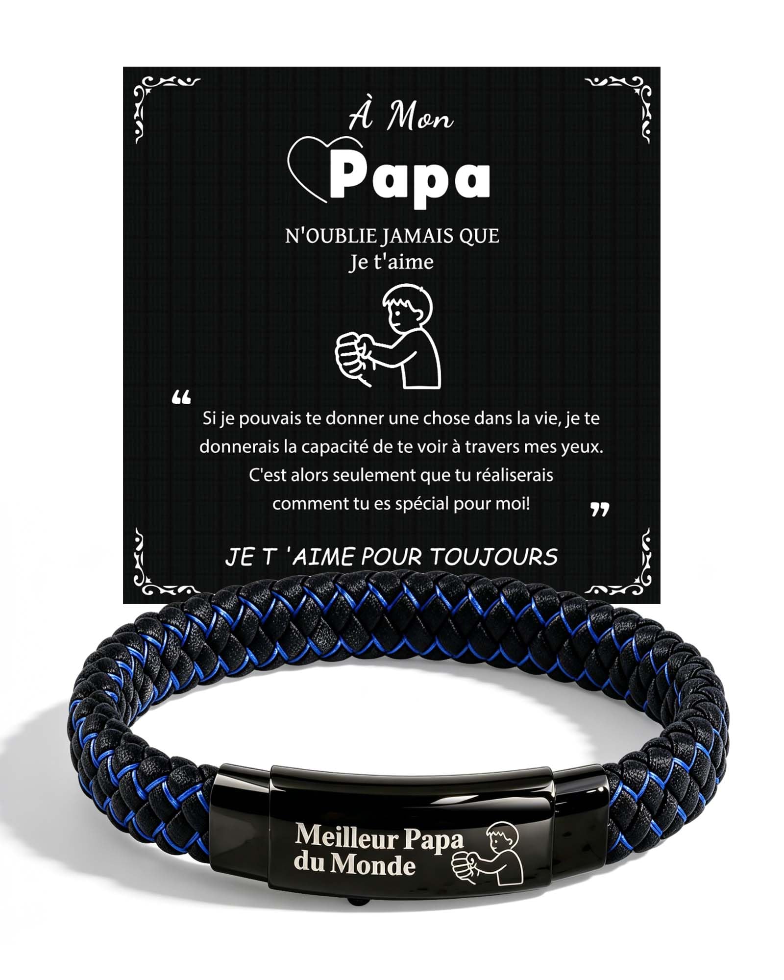 CheersLife Cadeau Fete des Peres - Cadeau Anniversaire Papa Fist Bump Père-fils Père-fille Bracelet Gravé Meilleur Papa du Monde Homme Original Cadeaux 30 40 50 60 70 Ans Réglable Bracelet Noir Bleu