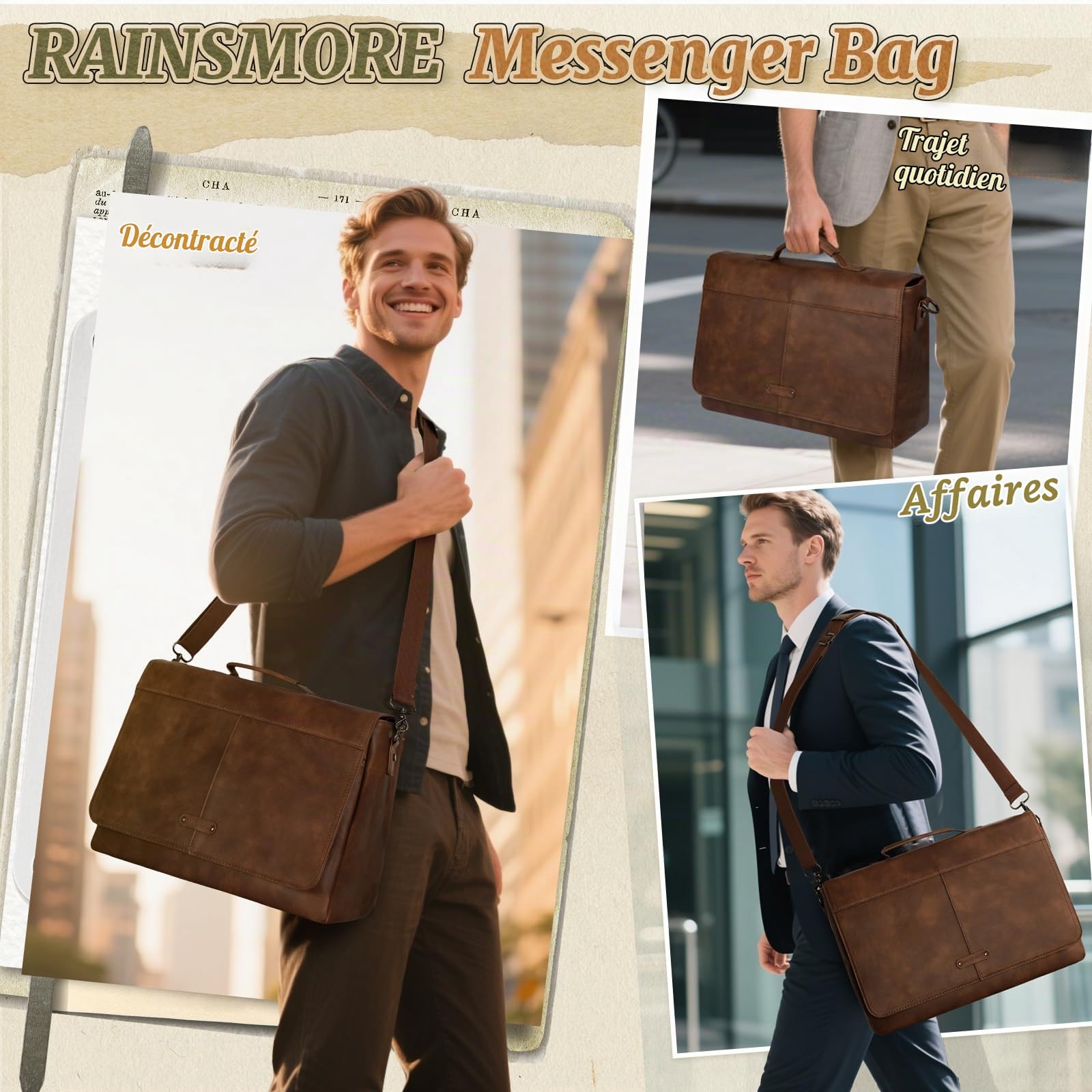 RAINSMORE Sacoche Ordinateur 15,6 Pouces Sac Messager Homme