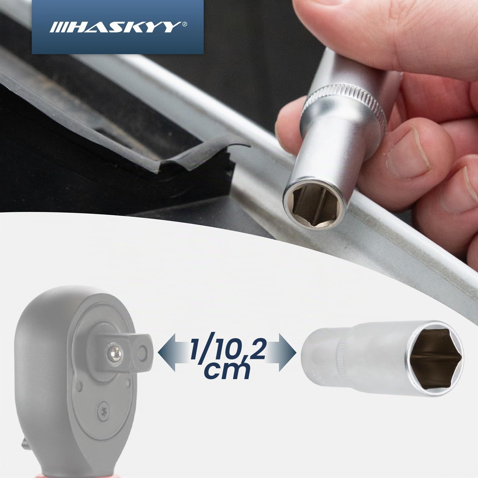 HASKYY Set di chiavi a bussola lunghe da 1/4", esagonali, 4 – 13 mm, set di dadi a 6 punti, Argento
