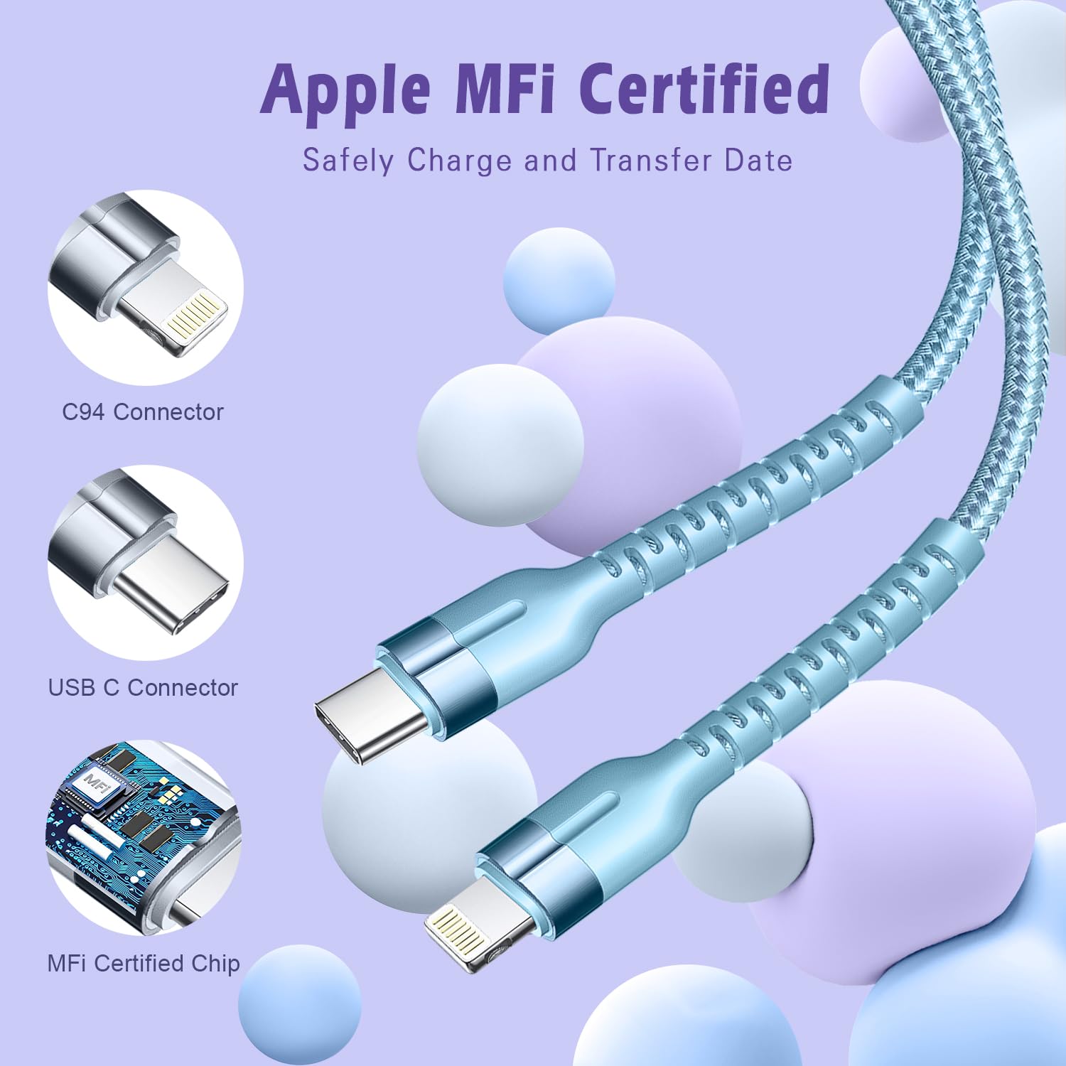 Exeric Lot de 3 câbles USB C vers Lightning certifiés MFi de 0,9 m avec nylon tressé pour iPhone 14/13/12/11/X/8 et iPad