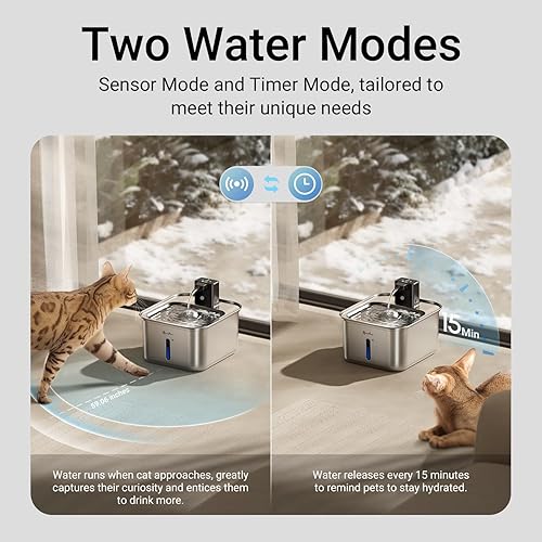 Miniatura 4 de DownyPaws Fuente de agua para gatos de acero inoxidable inalámbrica, fuente de agua inalámbrica FurSink de 101 onzas 3 L para gatos, fuentes para