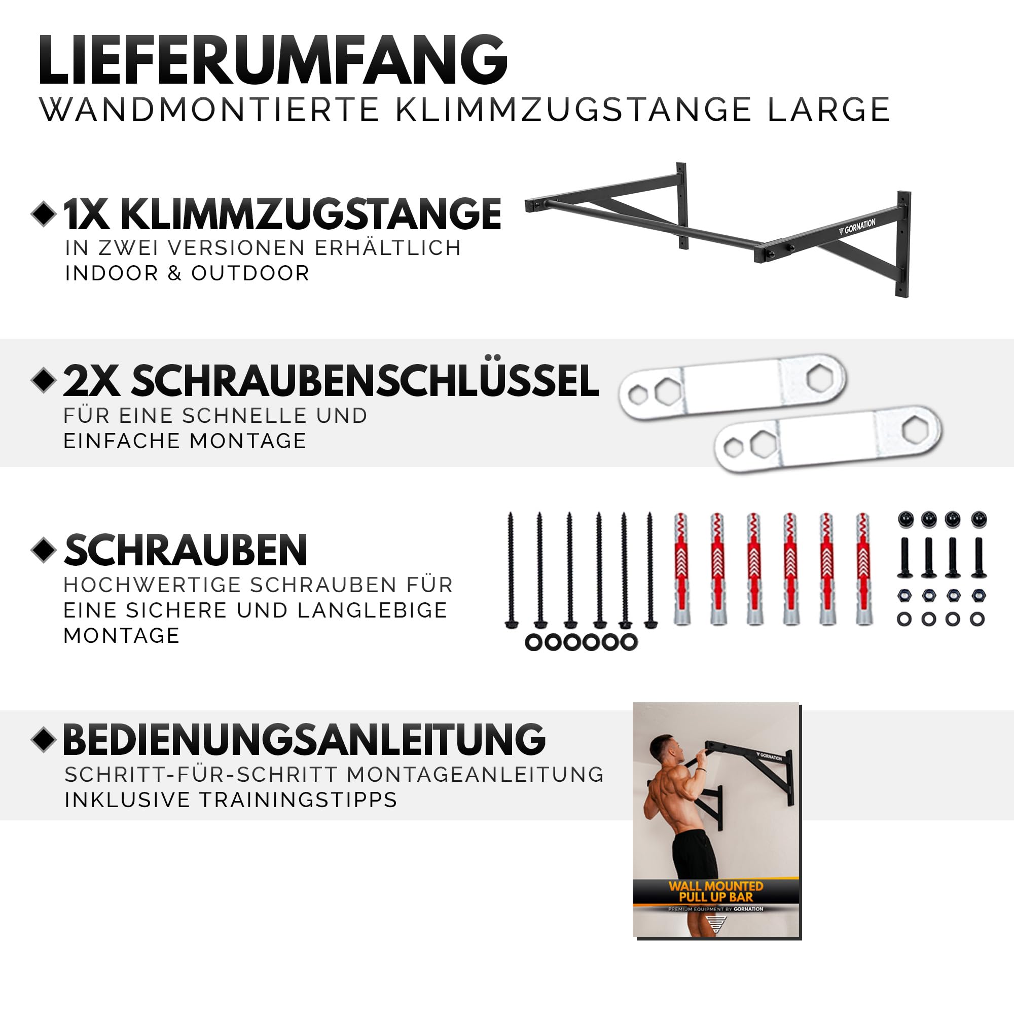 GORNATION Klimmzugstange für Wand, Ganzkörpertraining Reckstange, Pull Up Bar, Klimmzug Wand, Multifunktionale Pull Up Bar, Perfekt für Calisthenics, Klimmzüge, Muscle Ups & Mehr, Ideal für Home Gym
