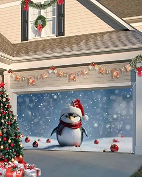 Christmas Garage Door Banner Cover 7 x 16 ft, Christmas Winter Snowflake Red Ball Funny Penguin Garage Door Decorations Holiday Christmas Backdrop Decor for Winter New Year Party Photo