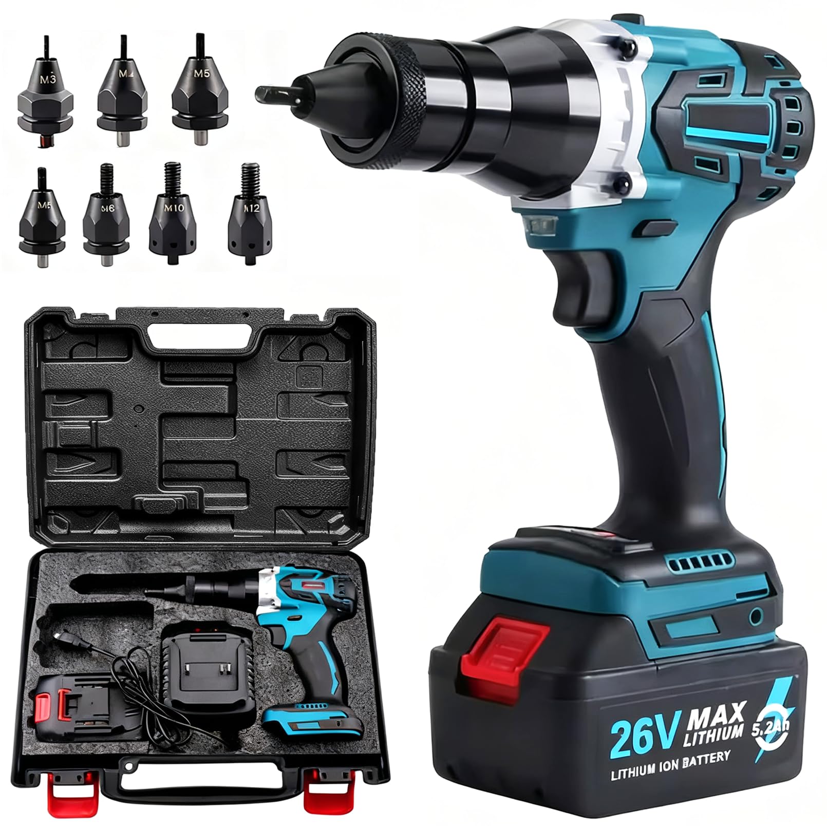 Remachadora eléctrica inalámbrica para Tuercas con batería de 5.2 Ah, Kit de Remachadora ciega sin escobillas para Tuercas de 1/8", 5/32", 3/16", 1/4", 5/16", 3/8" y 1/2"