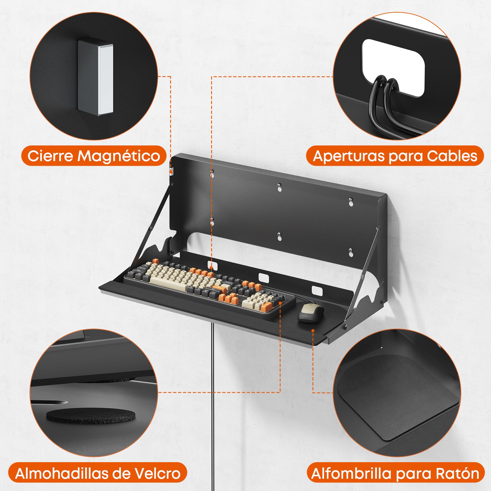 Plateau Clavier Escamotable Murale Ergonomique 61cm - Plateforme pour Clavier & Souris de Bureau et Maison, Capacité de Charge 10 kg, Noir