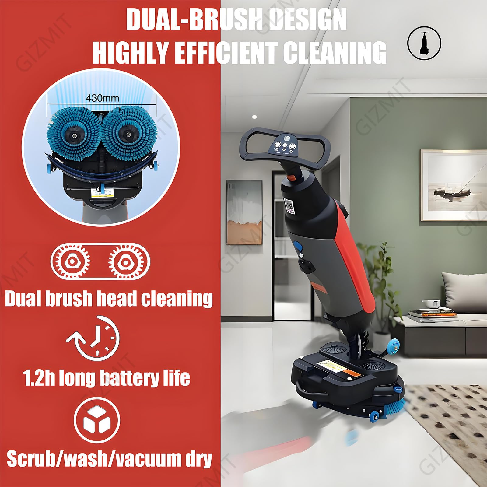 Fregadora de Pisos eléctrica, fregadora Secadora automática, minimáquina para Pisos con Ancho de Limpieza de 45 cm, para hogar, Oficina y pequeños Espacios comerciales White