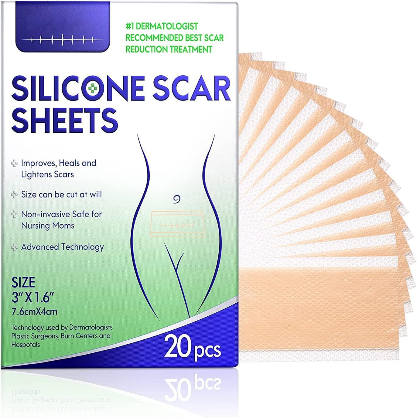 ALIVER 20 PCS Thicken Silicone Scar Sheets (3”x 1.6”), Silicone Scar Tape Treatment for Keloid, Burns, C-Section, Trauma, Silicone Sheets for Scars Reusable