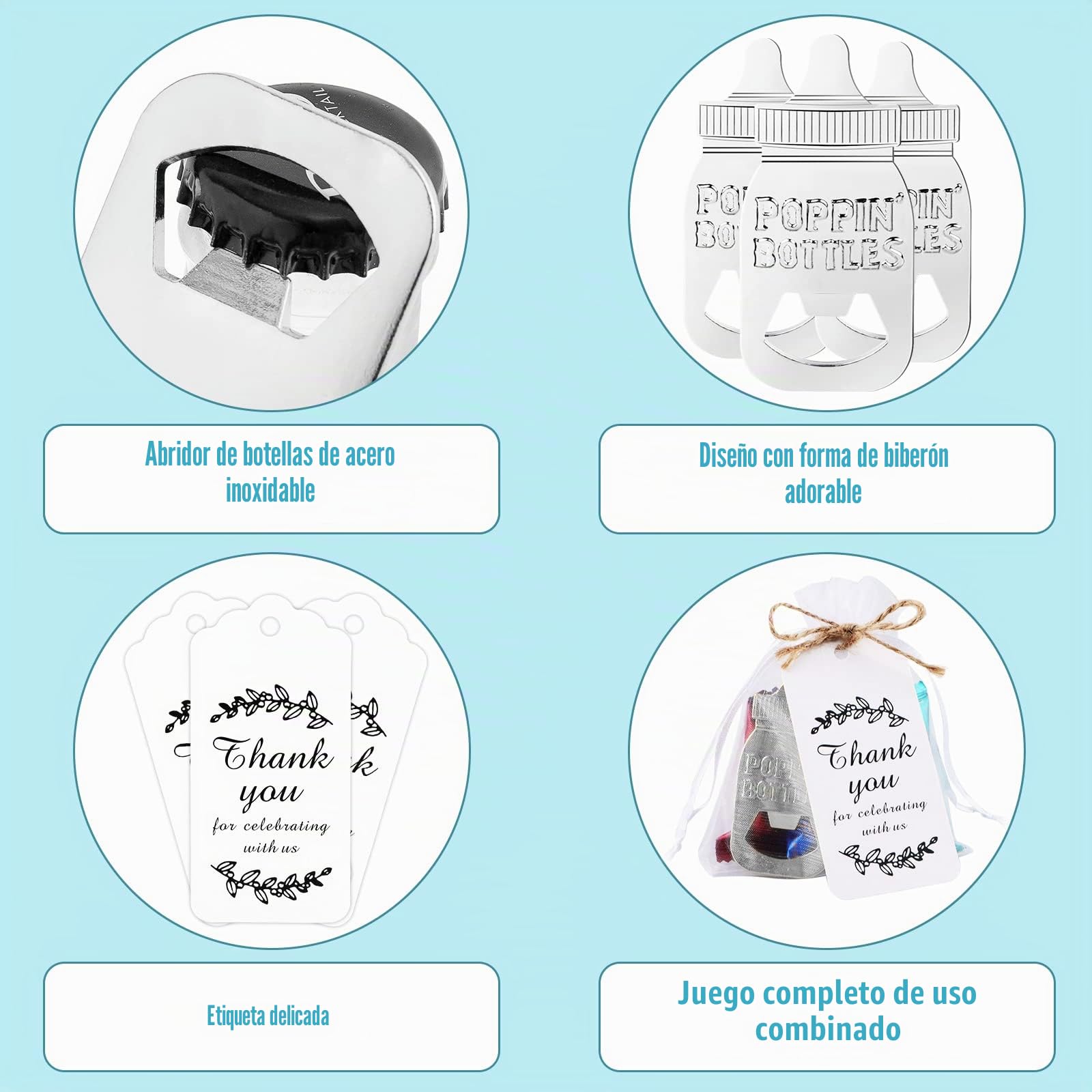 Abrebotellas Baby Shower Plateado 10 unidades Recuerdos Invitados