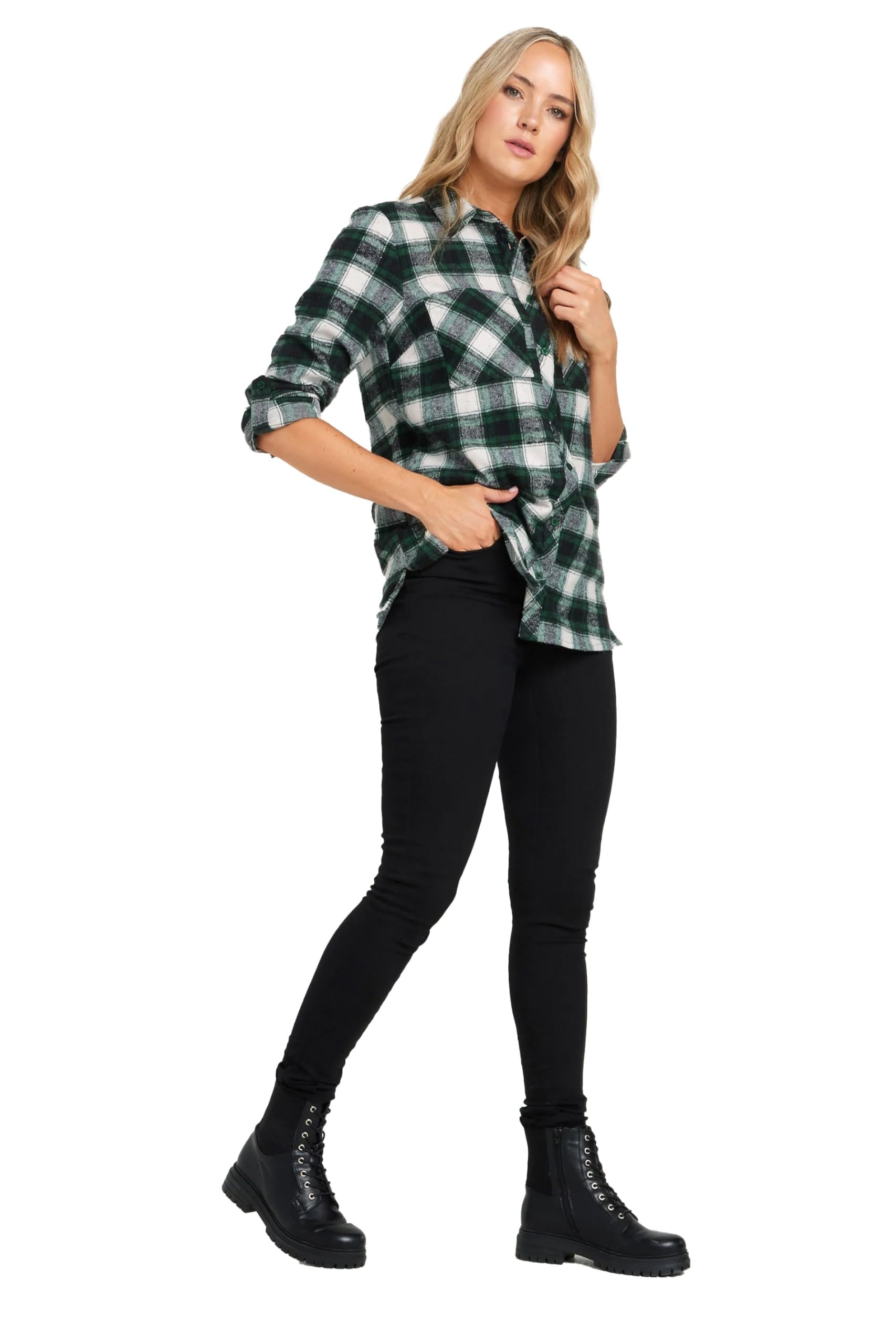 Long Tall Sally - LTS Tall Check Rolled Sleeve Shirt - Womens Green
