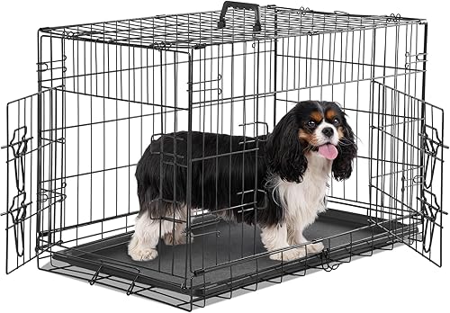 Sweetcrispy Jaula mediana para perros con panel divisor, jaula plegable de alambre de metal de doble puerta de 30 pulgadas con bandeja de plástico a