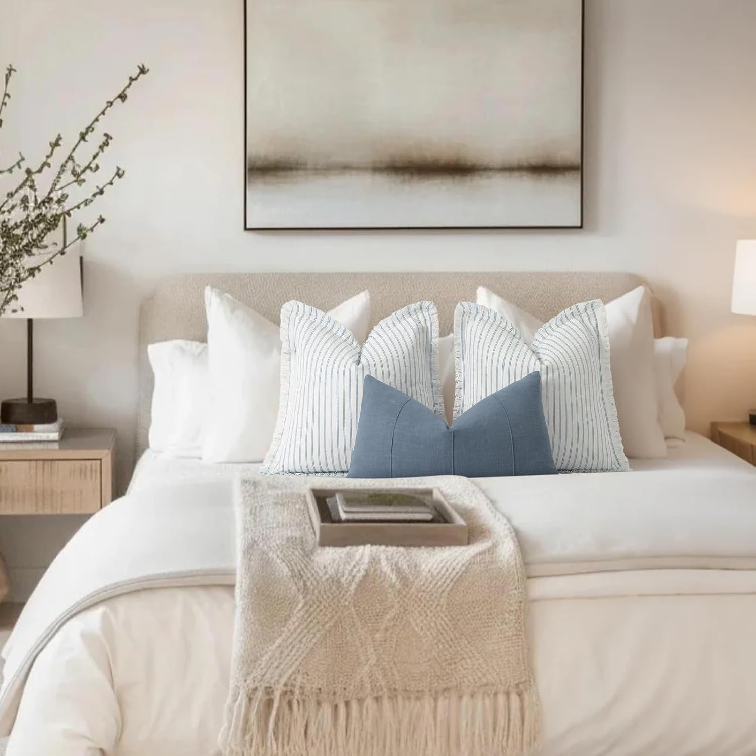 Condition photo showing New/Like New for zwjd throw pillow covers 12x20 set of 2 striped pillow covers with fringe chic cotton decorative pillows square cushion covers for sofa couch bed living room farmhouse decor, (light blue) light blue 20" x 12" (pack of 2)