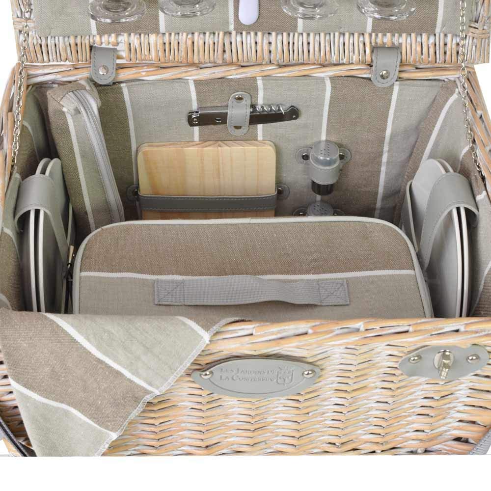 Les Jardins de la Comtesse - Cesta/Canasta de Picnic de Mimbre Polo Club Beige y Gris para 4 Personas Completa con Compartimiento Isotermo - 44 x 30 x 26 cm