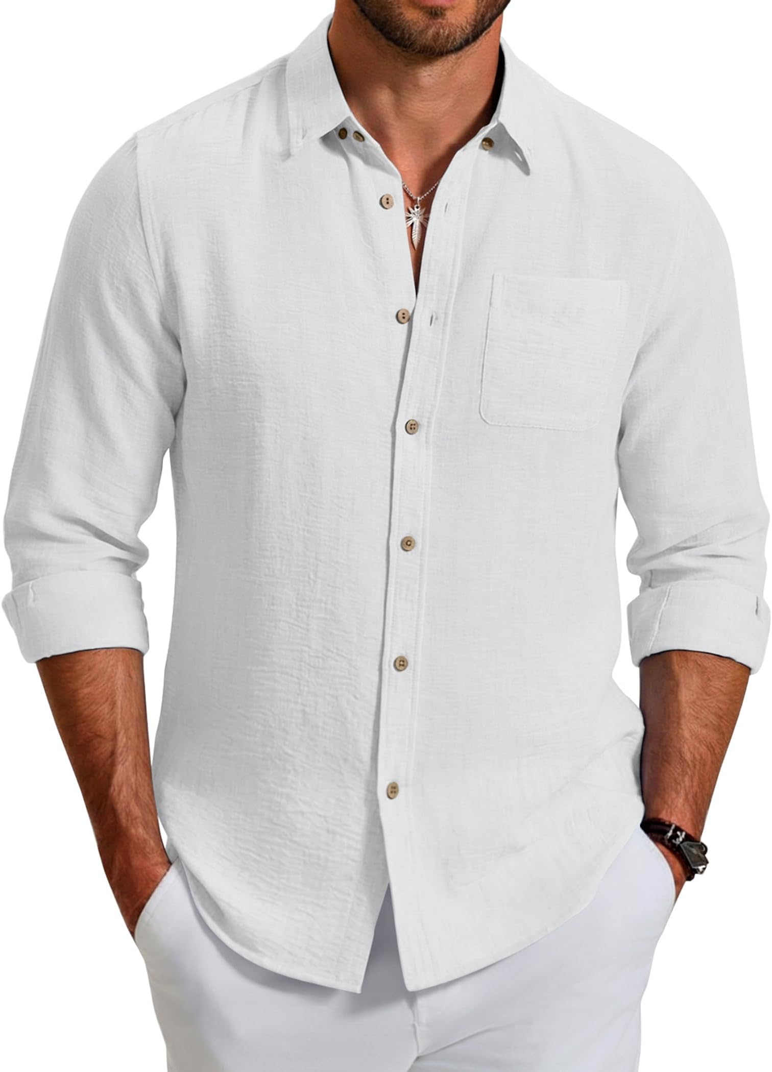 COOFANDY Men's Long Sleeve Button Down Shirt Casual Untucked Shirts Summer Beach Wedding Linen Textured Shirts