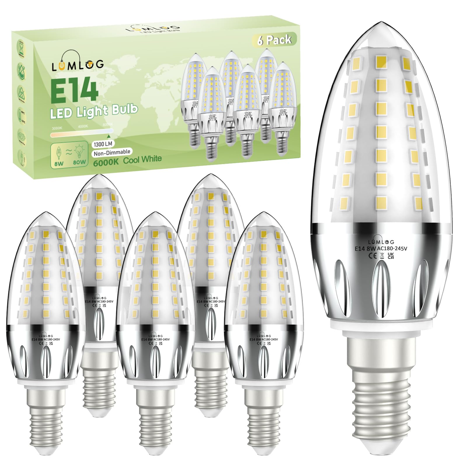 Lumlog E14 LED Light Bulb, 1300 Lumen Cool White 6000K LED Candle Bulb, 8W (80 Watts Equivalent), Energy Saving, Non-Dimmable, Pack of 6 [Energy Class C]
