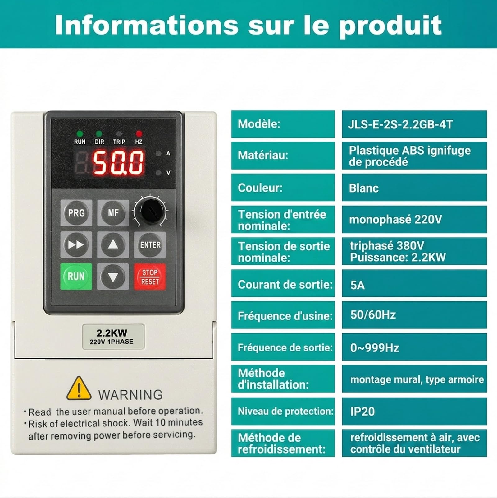 Transformateur 220V 380V Convertisseur de fréquence Entrée monophasée 220V Sortie triphasée 380V 2.2KW Variateur de fréquence CNC Modèle d'usine JLS-E-2S-2.2GB-4T (avec câble d'extension 2m)