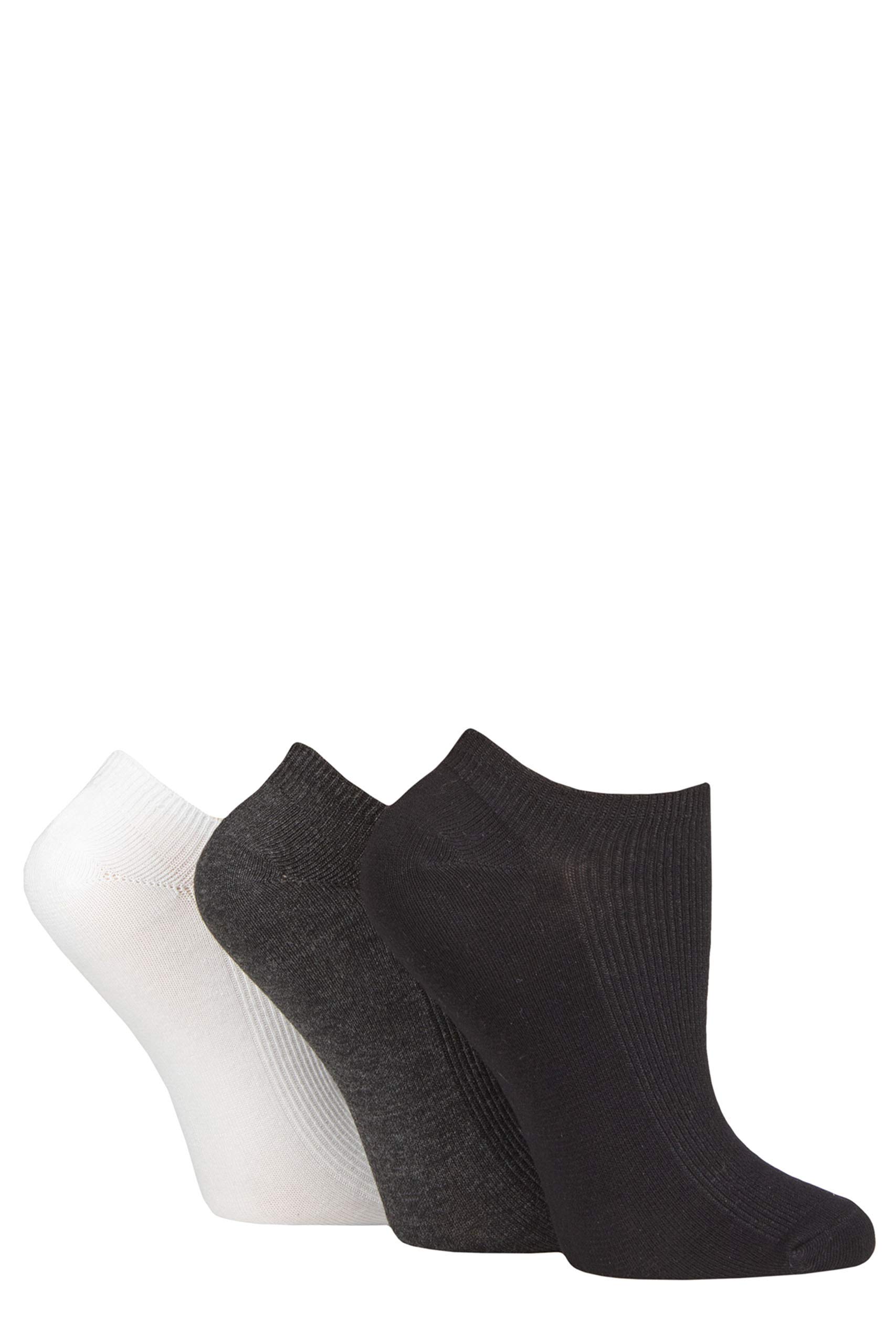 Elle Ladies Bamboo Ribbed No Show Socks Pack of 3 (4-8, Black/Grey/White)