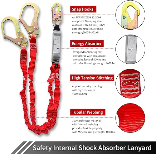 Miniatura 3 de Arnés de seguridad Cordón de protección contra caídas de 6 pies - Cordón de seguridad de doble pierna con absorción de impactos internos para