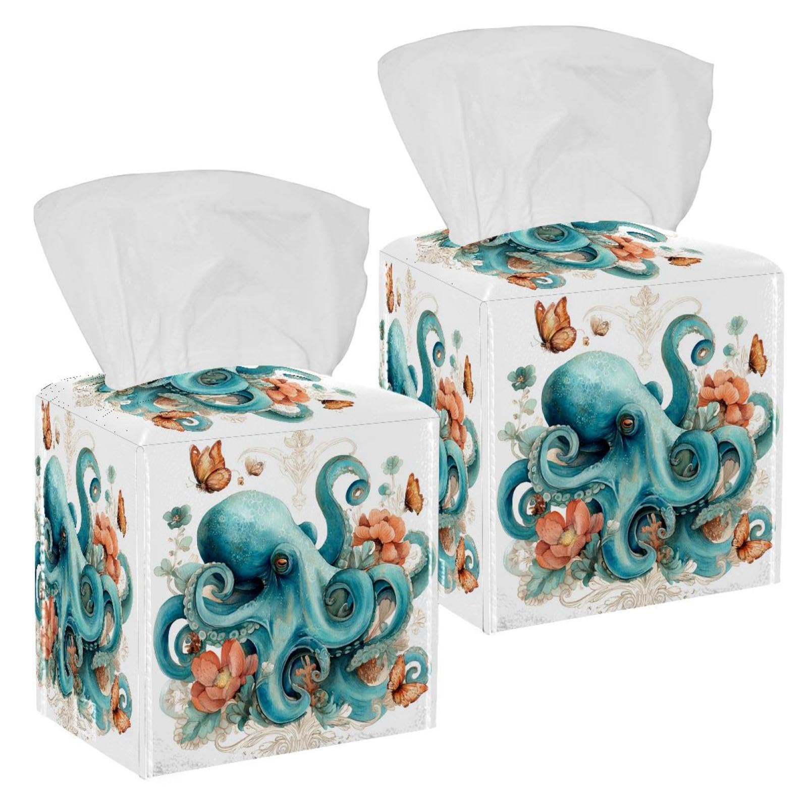 Octopus Tissue Box Cover, 2 Pack PU Leather Square Facial Tissue Dispenser Box holder for Home Office Car
