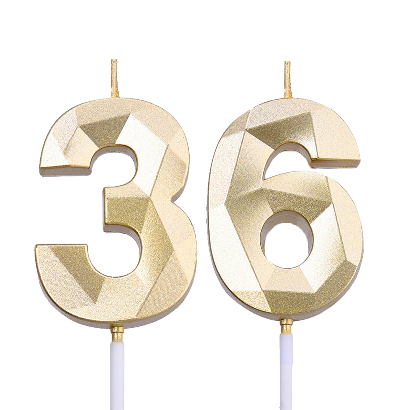 2 inch Gold 36 Birthday Candles, 3D Diamond Number 36th Cake Topper for Boys Girls Birthday Party Decorations Theme Party