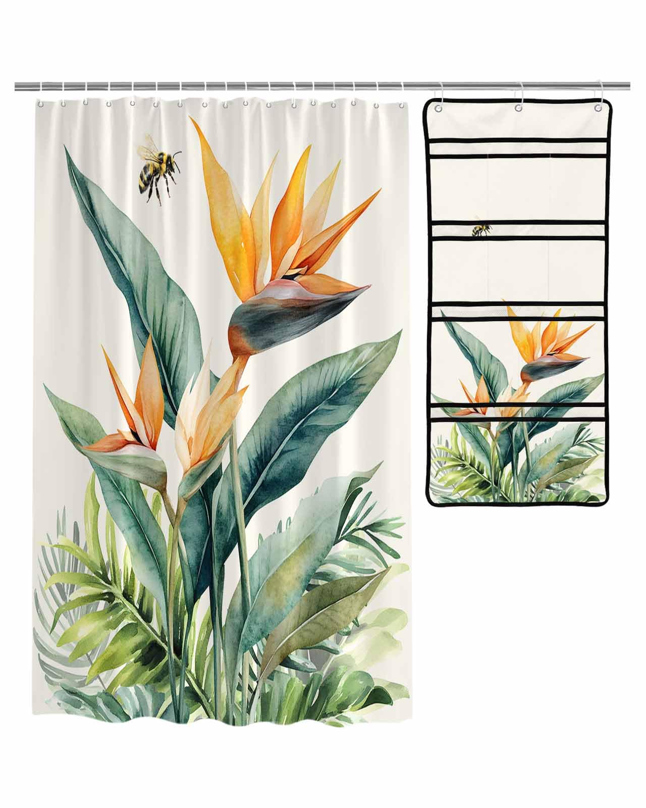 ZFUNCING Shower Curtain Mesh Shower Organizer Set Watercolor Strelitzia Palm Leaf Bee Waterproof Bath Curtains Hanging Shower Caddy