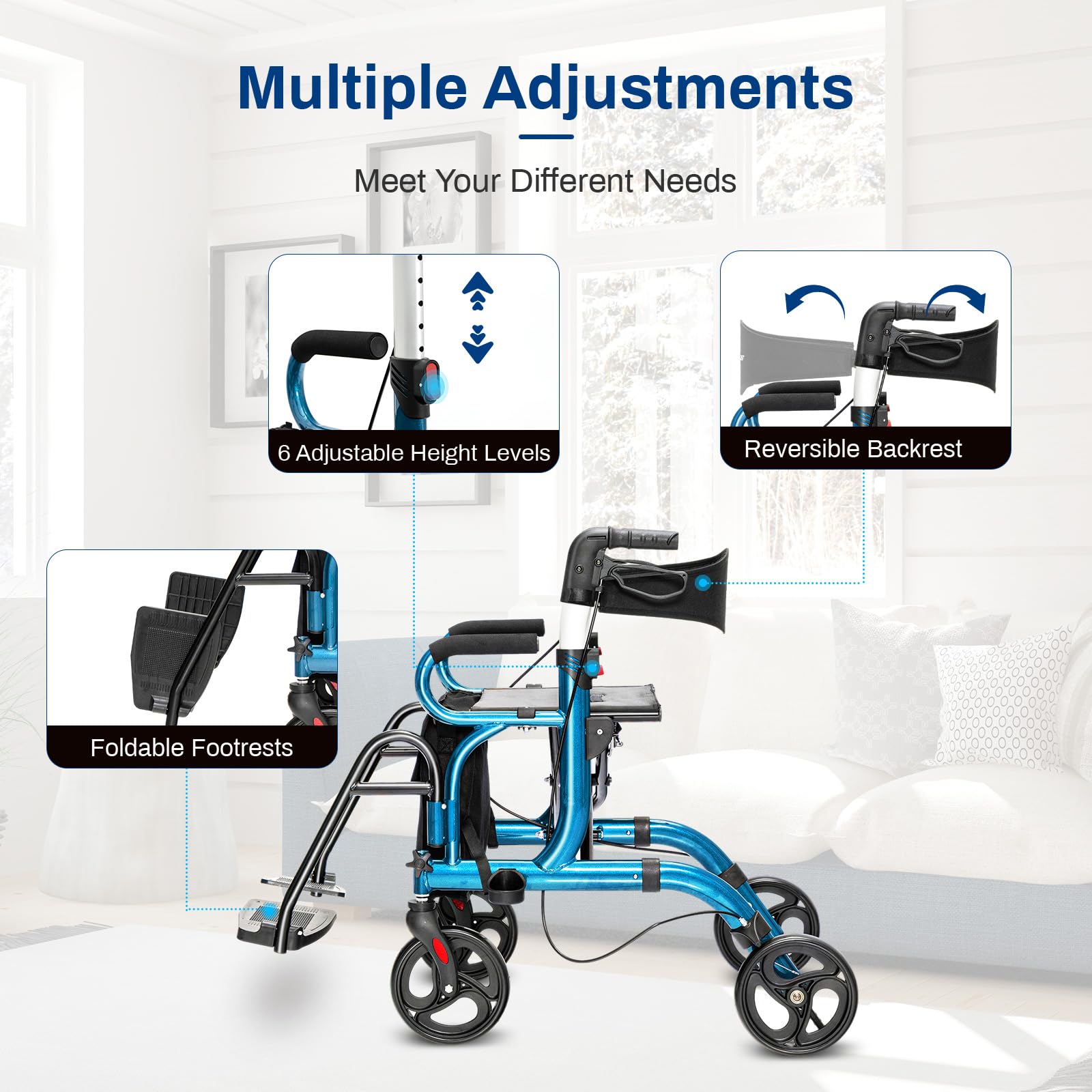 GOPLUS Andador 2 en 1 con Asiento, Ayuda para Caminar Plegable con Altura Ajustable, Respaldo Reversible, Bolsa de Almacenamiento, Silla de Transporte de Aluminio Ligero con Ruedas de 20,3 cm (Azul)