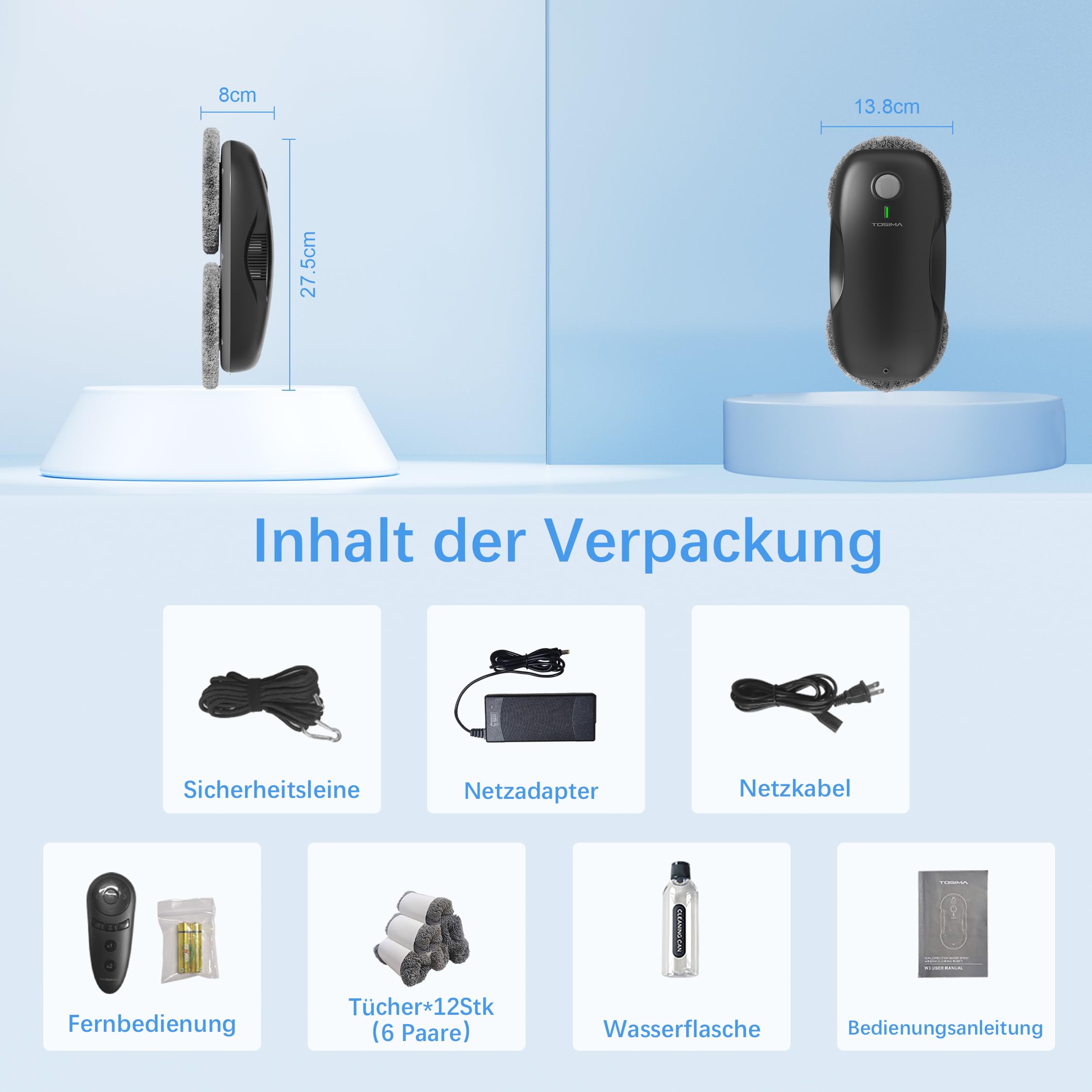 Tosima W2 fensterputzroboter 3800 PA automatischer fensterroboter mit Fernbedienung intelligenter Navigation und intelligenter Kantenerkennung geeignet für den Außen- und Innenbereich schwarz