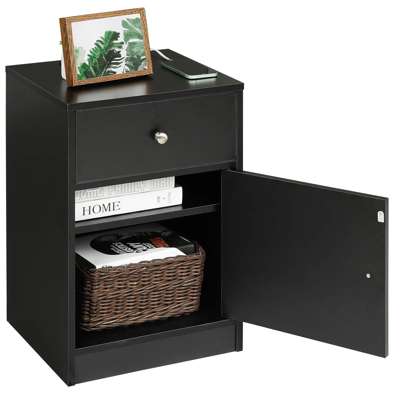 Buy ADORNEVE Black Nightstand with USB Port, Nightstand with Drawer