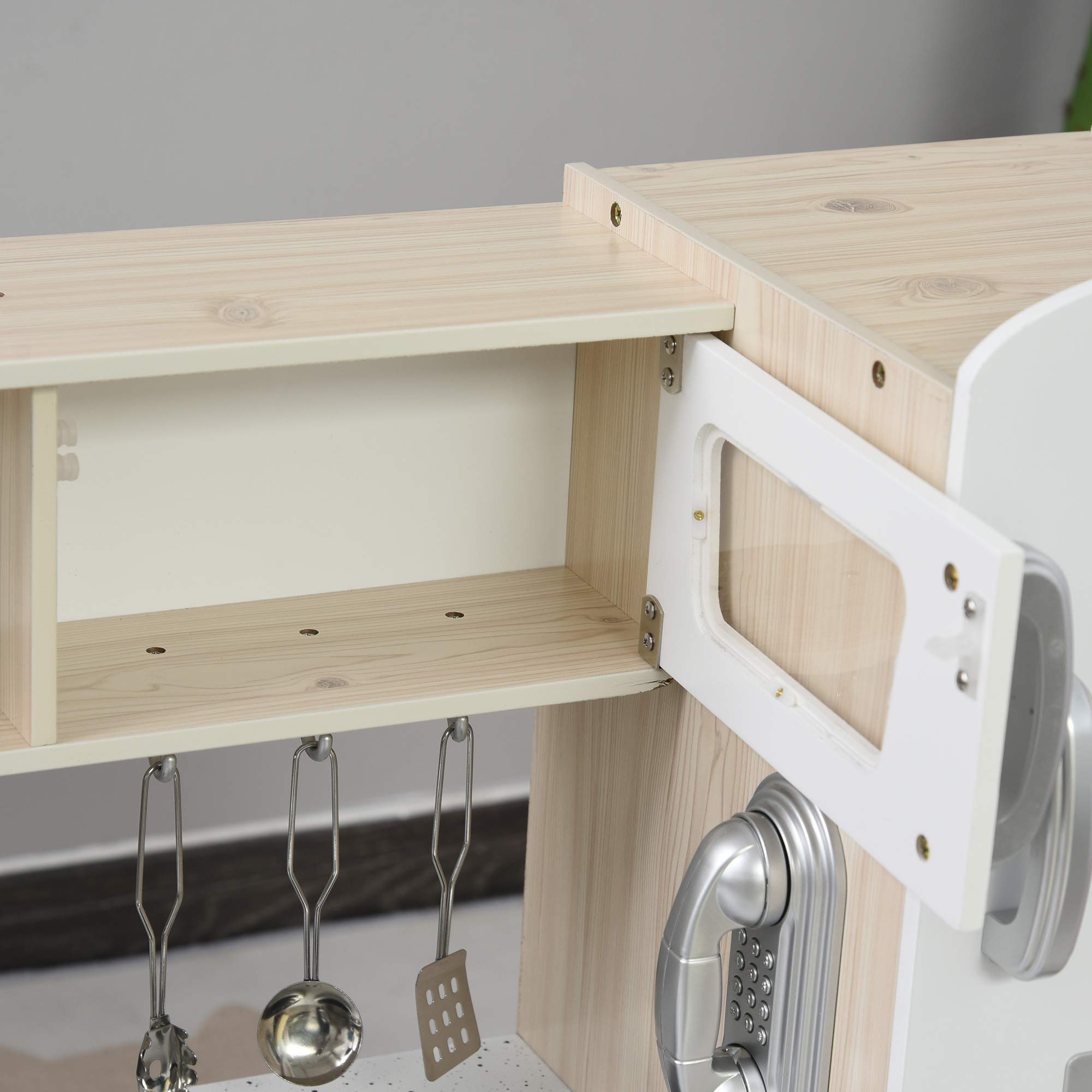 HOMCOM Cucina Giocattolo in Legno per Bambini con Lavandino e Fornelli, Pentole e Utensili in Acciaio, 74x30x81cm, Bianco