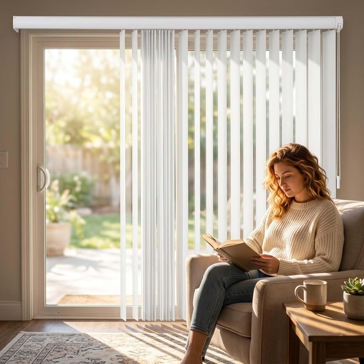 Patio Door Blinds for Sliding Glass Doors, 3.5 Inch Slats Vertical Window Shades Blackout Fabric, Pull Cord Light Filtering Vertical Blinds Room Divider for Large Windows(Bright Blue)