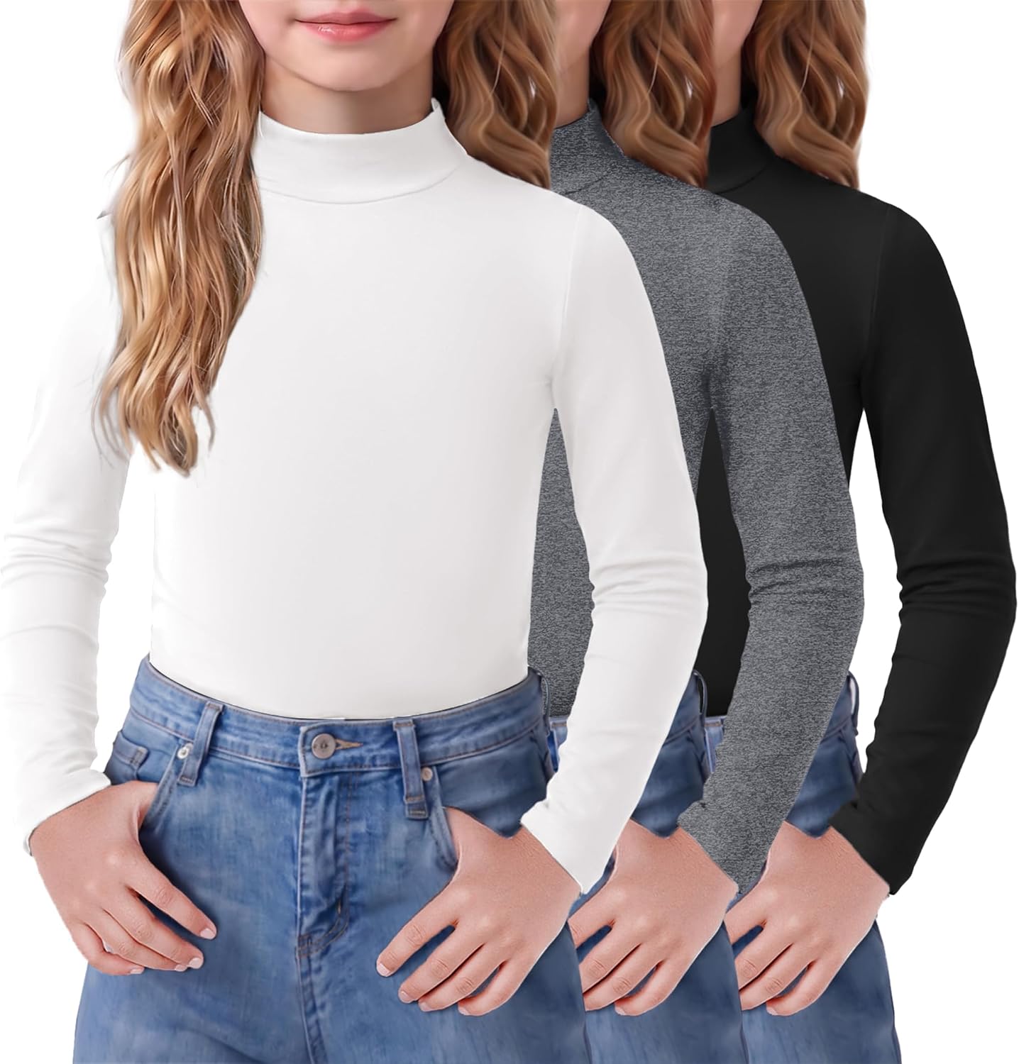 Arshiner 3 Pack Girls Long Sleeve Mock Turtleneck Shirts Base Layer Top