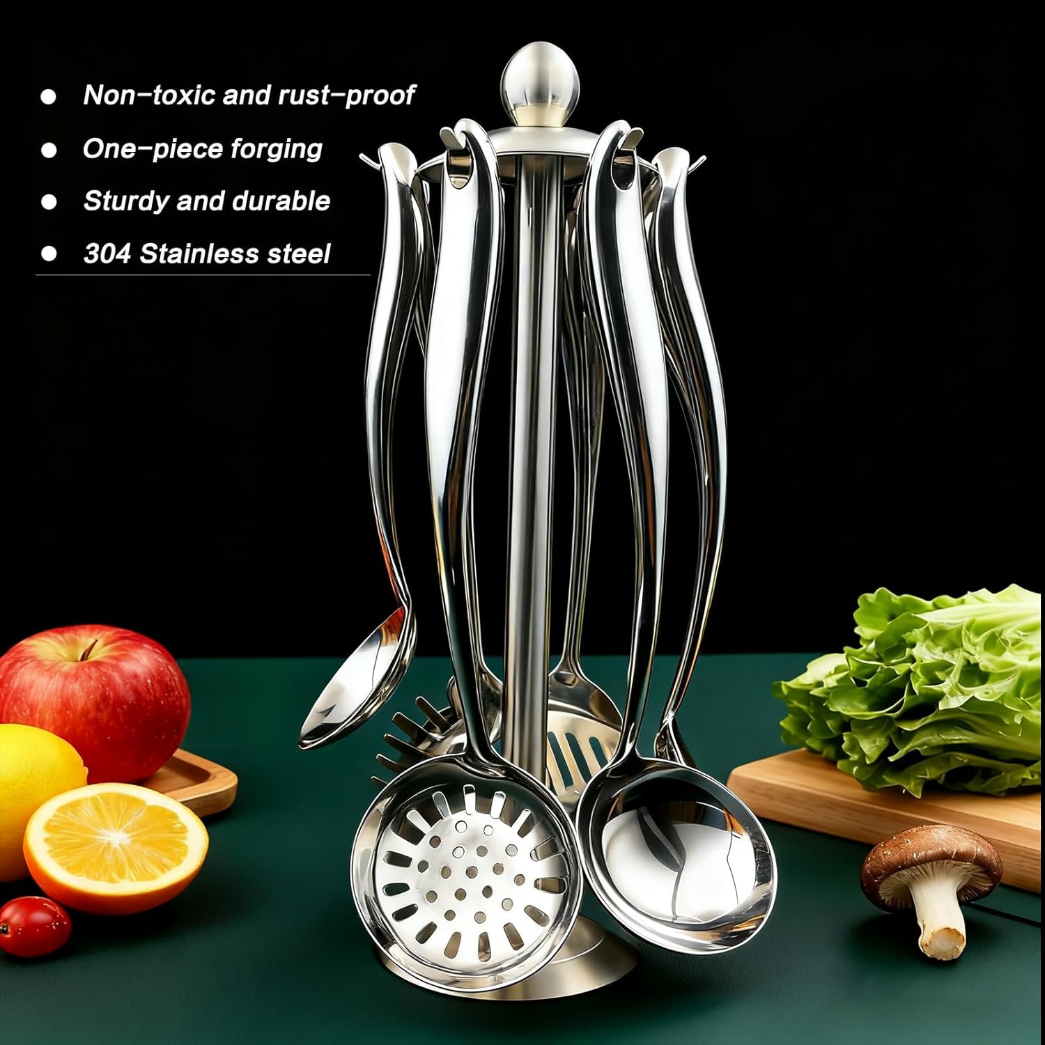 Stainless Steel Cooking Utensils Set with Holder, 7-Pieces All Metal Kitchen Utensils, 15’’ Long Kitchen Tools with Countertop Rotating Stand, Spatula, Ladle, Skimmer, Tunner, Pasta, Large Spoon