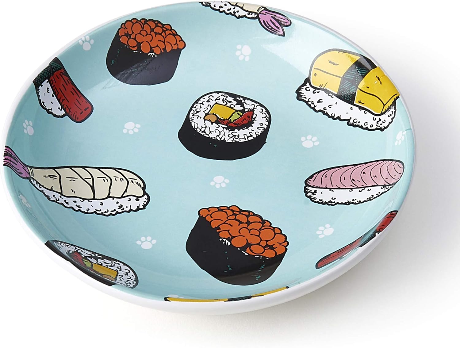 PetRageous 17016 Sushi Time Stoneware Dishwasher-Safe Cat and Dog Saucer 2.5-Ounce 5-Inch Diameter 1-Inch Tall for Small Dogs and Cats or Kittens, Blue