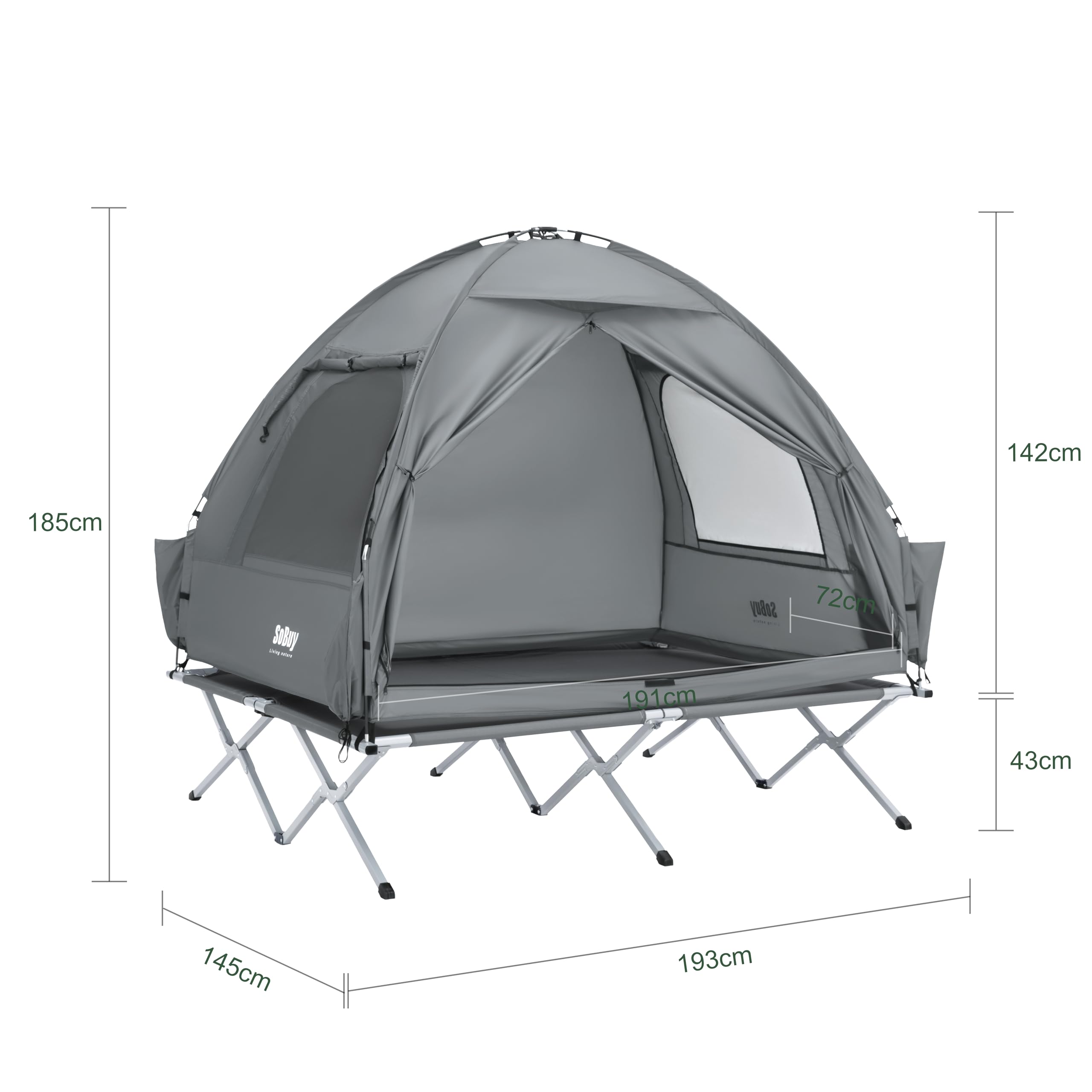 SoBuy Feldbett mit Zelt Grau 4in1 Zelt auf Stelzen mit Rolltasche Wasserdichtes Campingbett Outdoor Campingliege Familienzelt ohne Matratze Angelzelt Grau