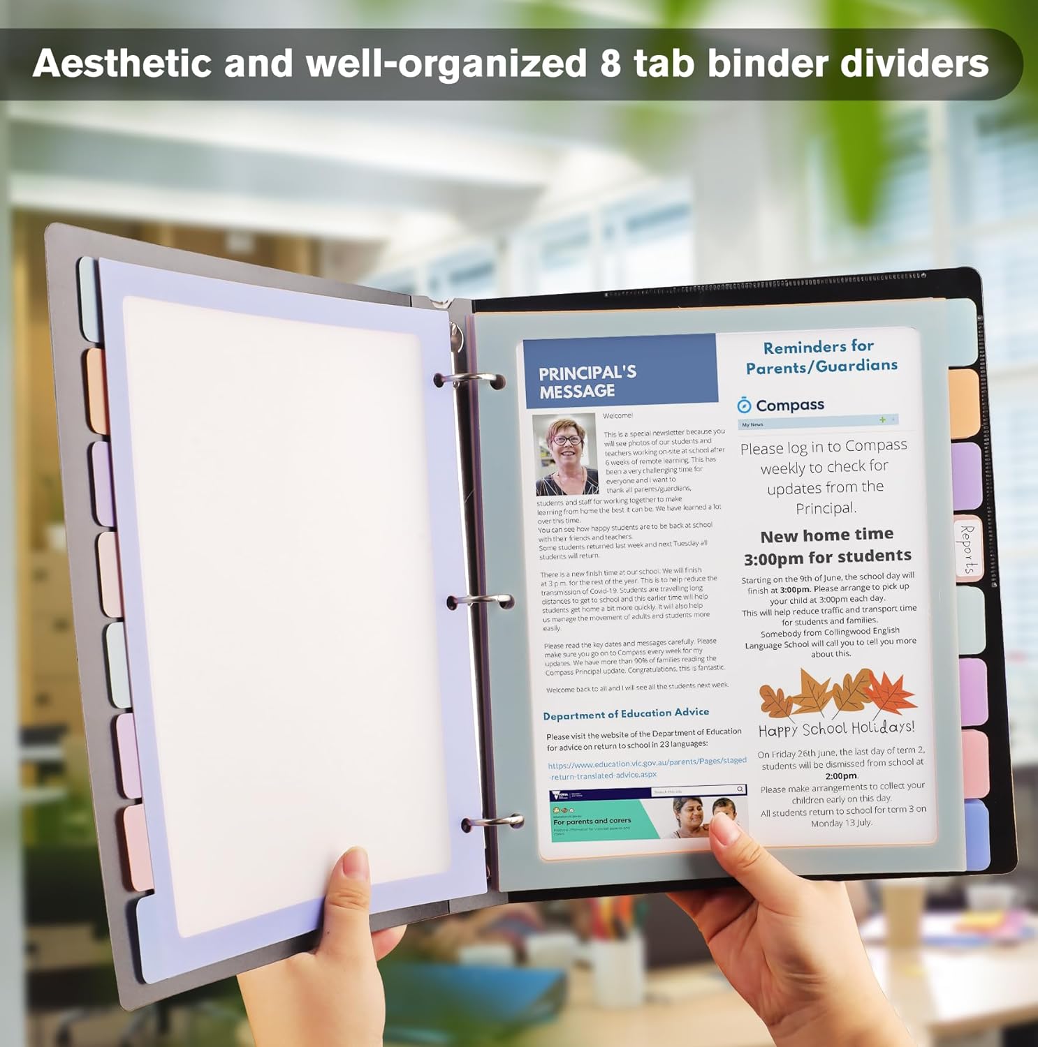 Binder Dividers with Tabs,8 Tab Dividers for 3 Ring Binder, Multi-Colored Page Binder Dividers Letter Size Plastic File Folder Pastel Color for Notebook School, 3 Hole Punch, 12 Set 96 Pcs
