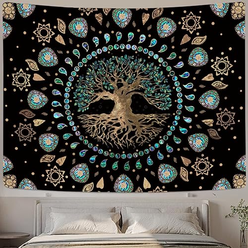 Miniatura 3 de Tapiz de árbol de la vida para dormitorio, tapiz de mandala hippie estético, naturaleza espiritual, tapices de árbol de abulón y dorado, tapiz de
