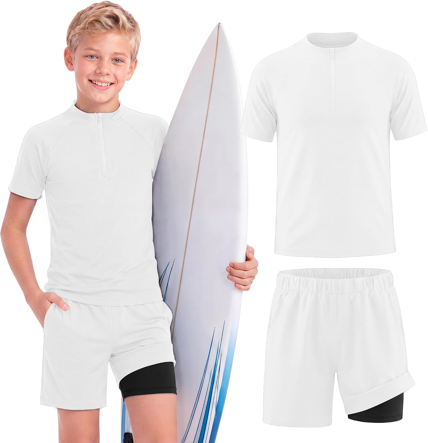 Halfchet Boy's Swimsuit Short Sleeve Rash Guard and Swim Trunk Two Pieces Bathing Suit UPF 50+ Swimwear 5-14 Years