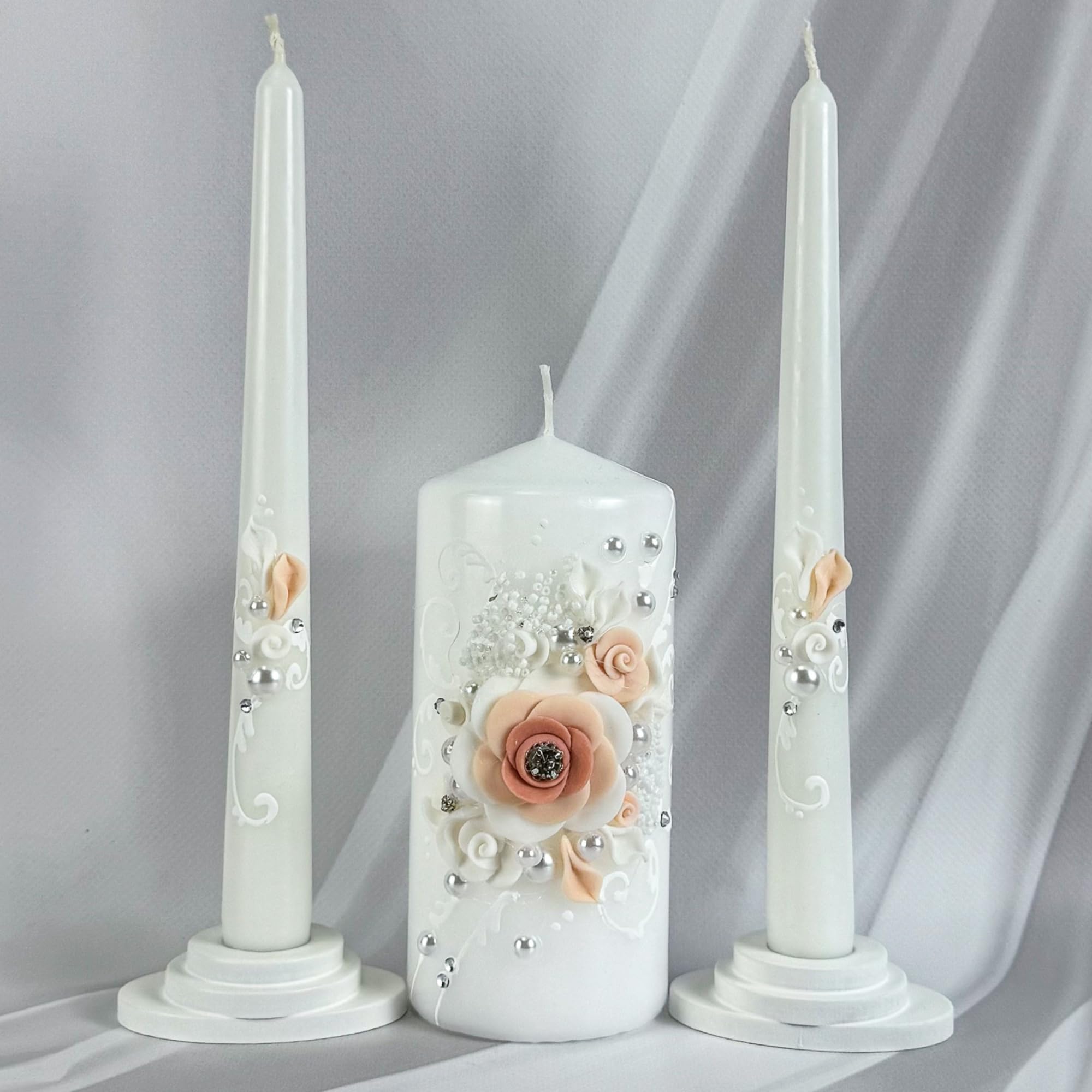 Unity Candle Set for Wedding Ceremony & Reception – 6” Pillar & Two 10” Taper Candles – Long Burning Unity Candles for Marriage Ritual – Handmade in USA – White | Rose