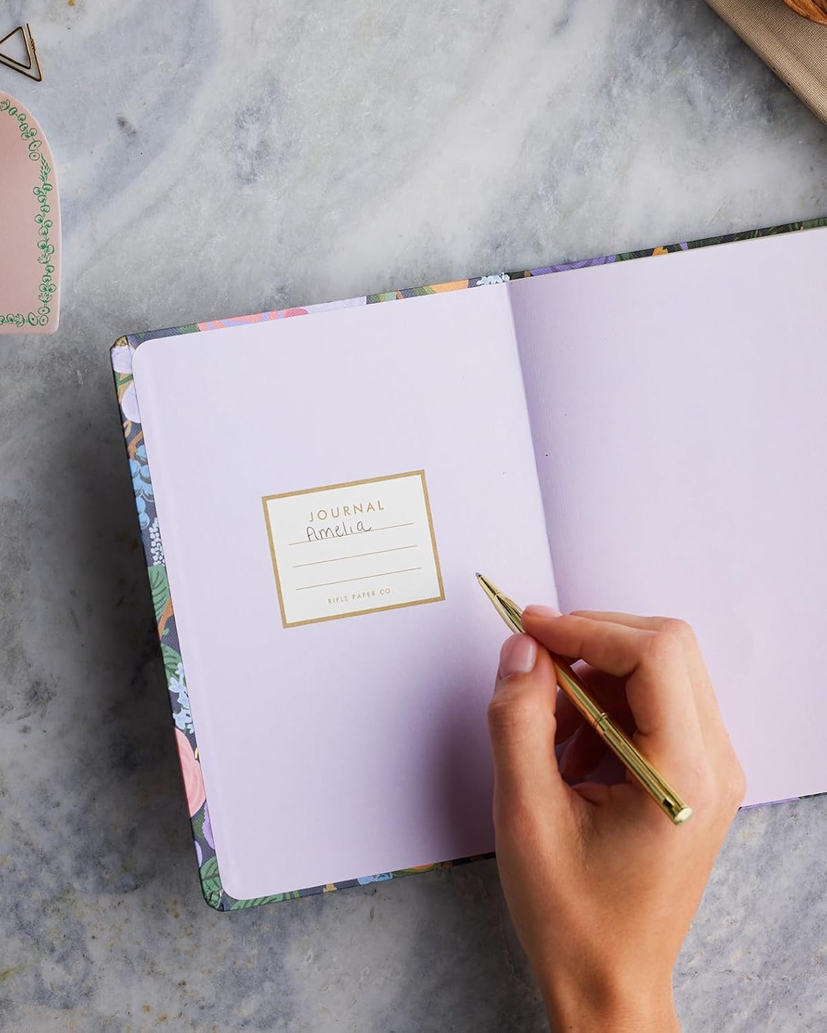 RIFLE PAPER CO. Journal with Pen | Hardcover Notebook with Foil Accents, Paper-Wrapped Grayboard, (144 Pages, Elastic Band Closure, Pocket for Extra Storage), Violet Garden Party