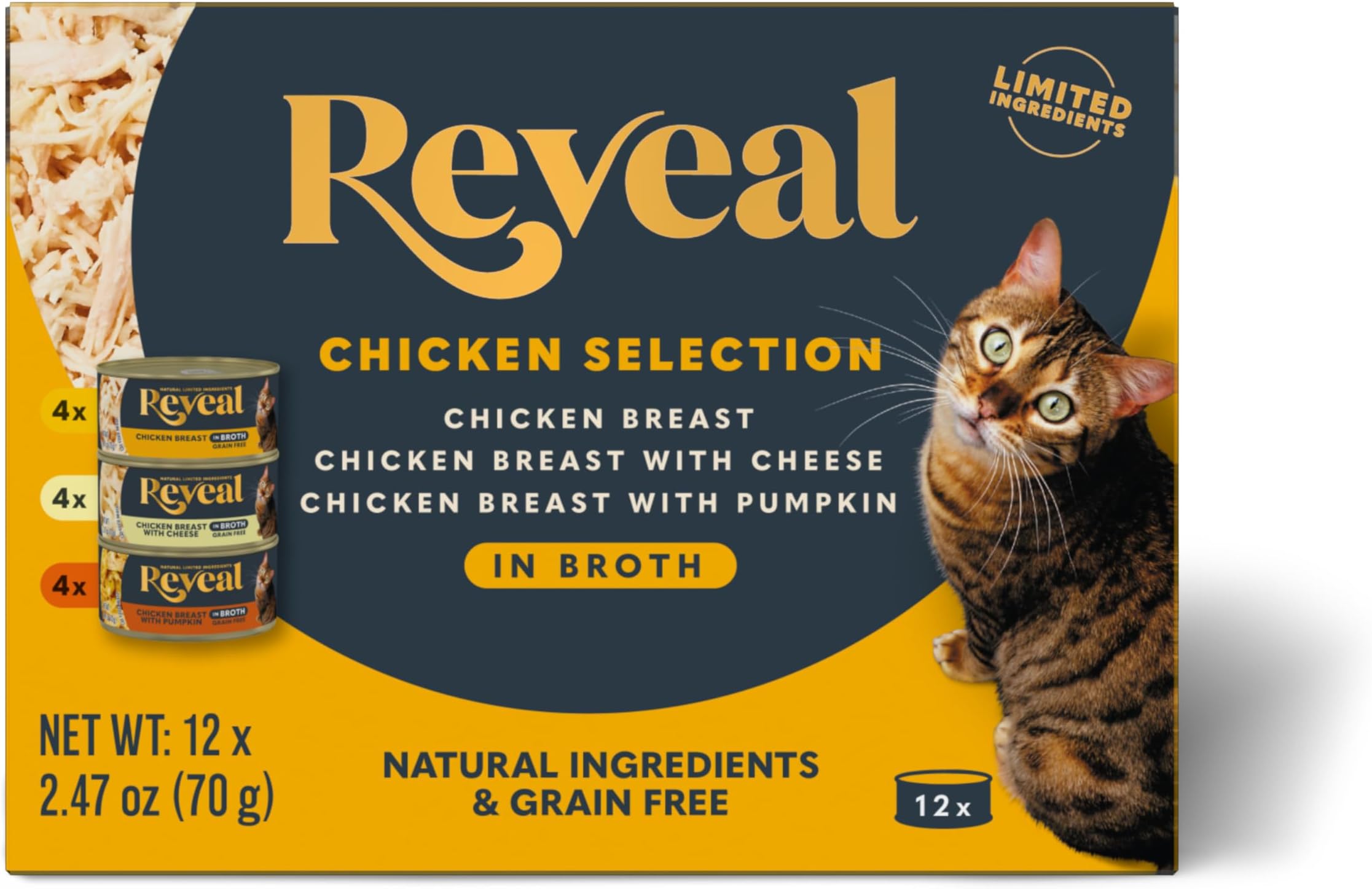 Natural Wet Canned Cat Food, 3-Flavor Variety Pack, Limited Ingredient, Grain Free, High Protein with No Artificial Additives, Chicken Variety in Broth, (12x 2.47 oz Cans)