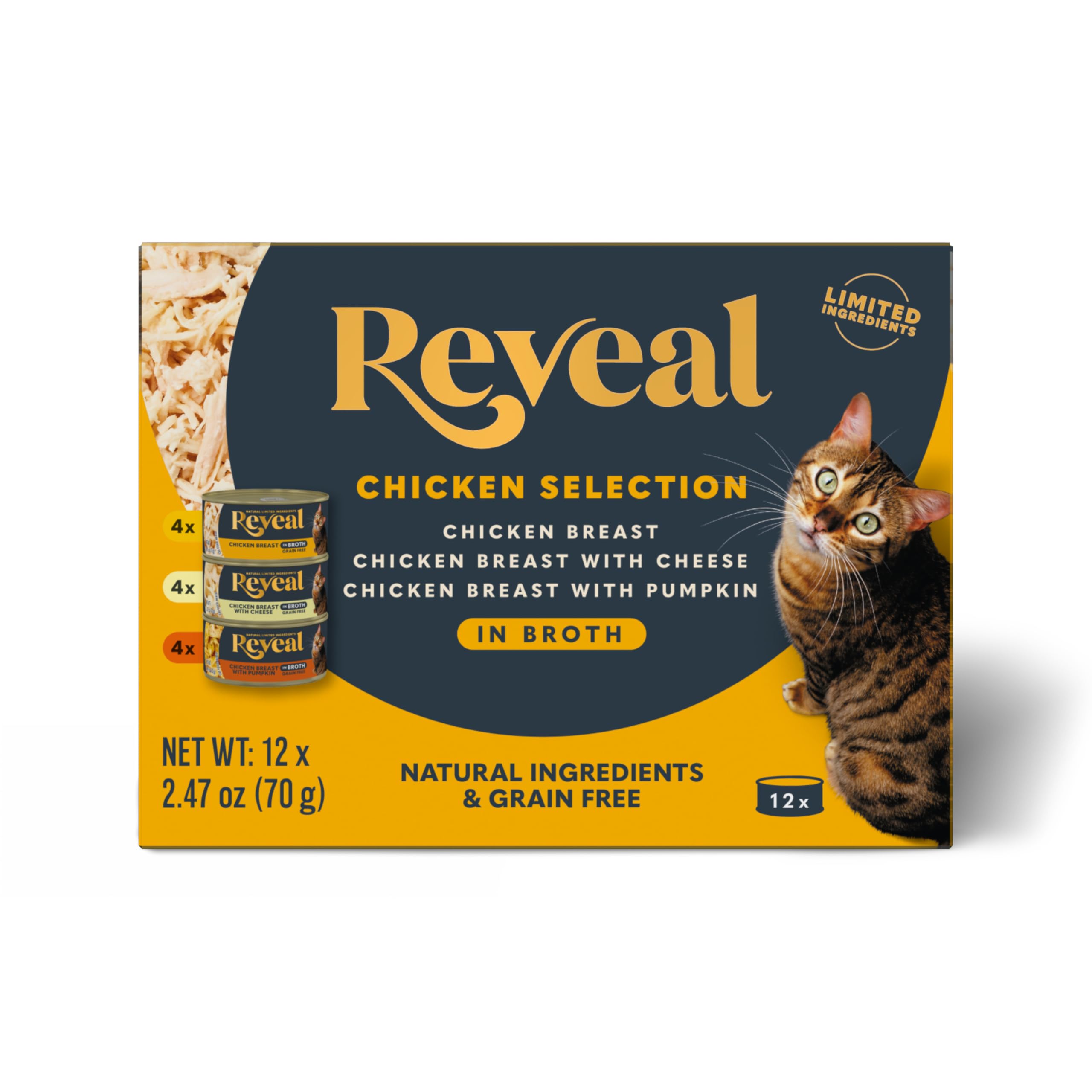 Reveal Natural Wet Canned Cat Food, Limited Ingredient, Grain Free, High Protein with No Artificial Additives, Chicken Variety in Broth, 2.47 oz Cans